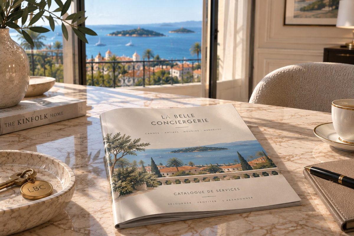 Le catalogue de services de séjour imprimé, posé sur une table face à la mer, à Antibes