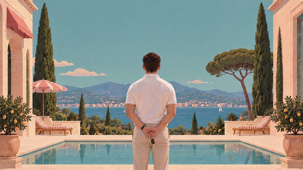 La Belle Conciergerie Côte d’Azur — un concierge, les clés derrière le dos, devant la piscine d'une villa dominant la baie de Cannes